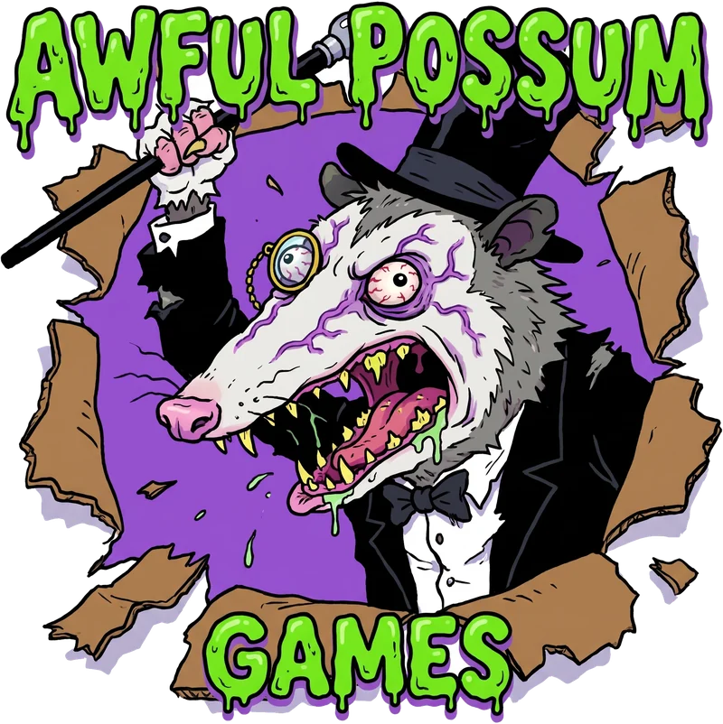 The stacked logo: dripping Awful Possum lettering, the possum, and Games below.