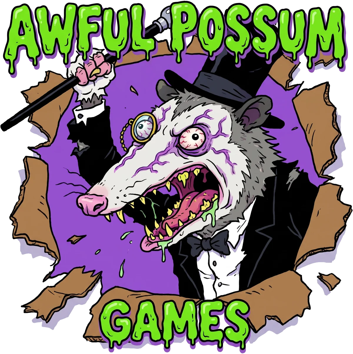 The Awful Possum Games logo: a bloodshot, drooling opossum in a top hat, monocle and tuxedo screams out of a purple hole torn in cardboard, waving a cane, under dripping slime-green letters reading Awful Possum Games.