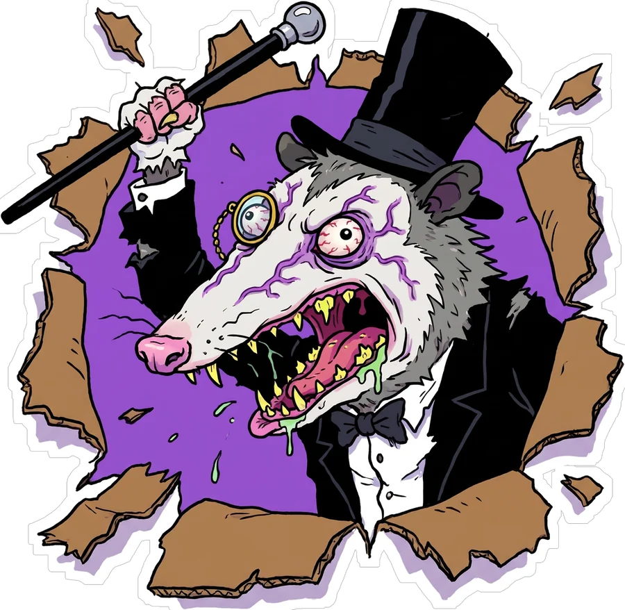 The possum as a sticker: screaming, drooling, bursting out of torn cardboard in top hat, monocle and tuxedo.